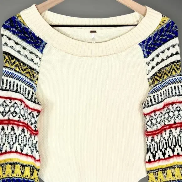 Free People Fairground Thermal Folk Boho Cream Long Bell Statement Sleeve Top XS - Picture 3 of 10
